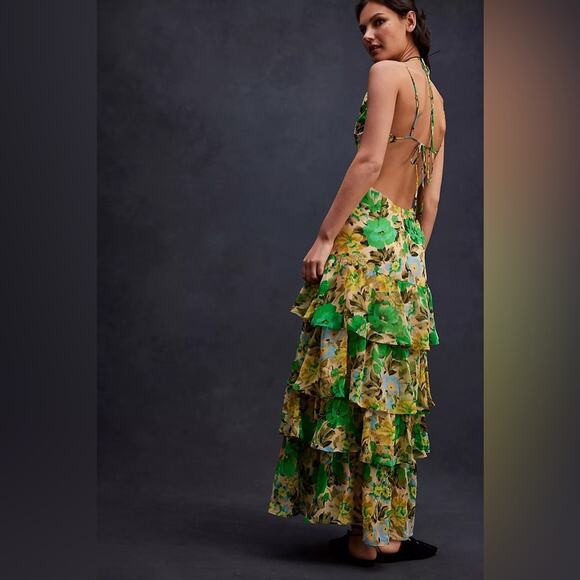 NWT ASTR Aneira Green Yellow Floral Tiered Ruffled Maxi Dress XL - Picture 2 of 10